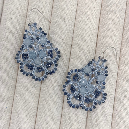 Handmade lace tatting beaded earrings with natural gemstone aquamarine,sapphire,s925 silver hooks