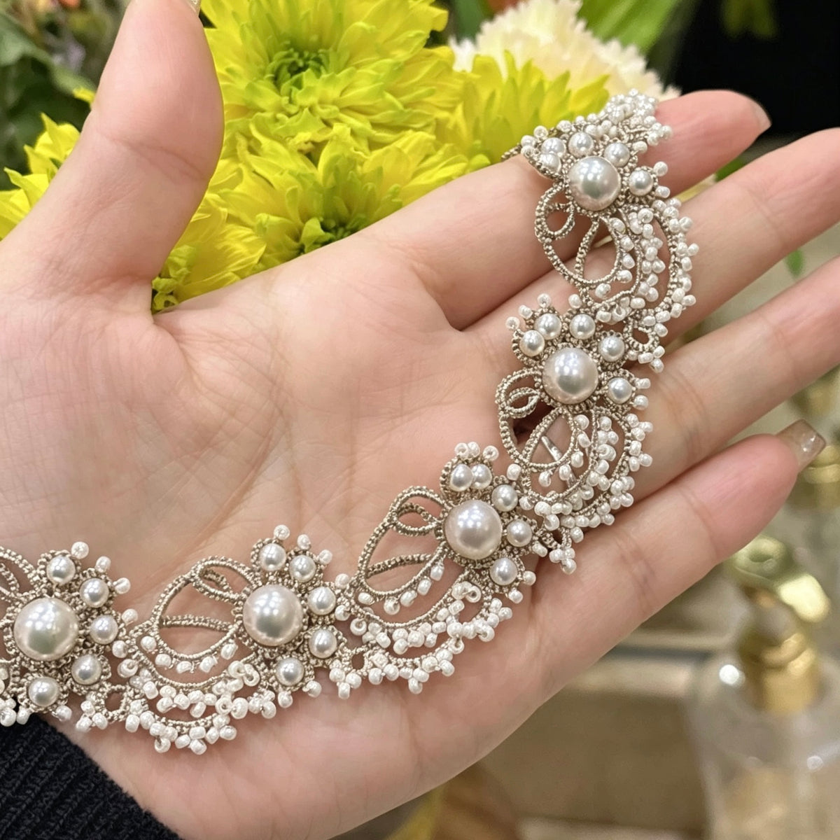 Handmade shuttle tatting necklace with swarovski pearls