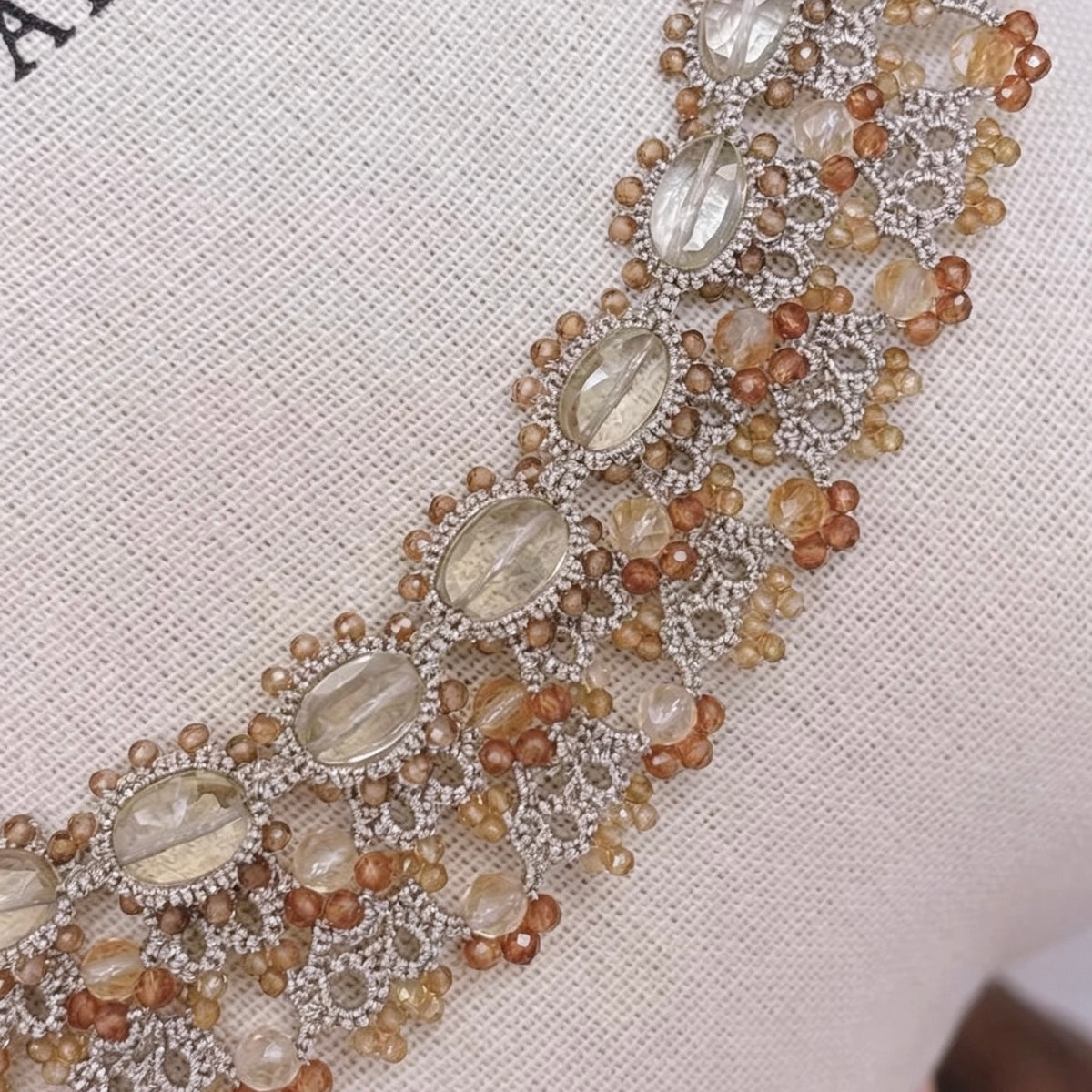Handmade lace tatting beaded necklace with natural gemstone citrine,garnet