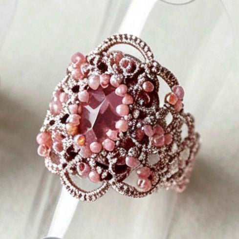 Handmade lace tatting beaded rings with diamond,seed beads,natural gemstones