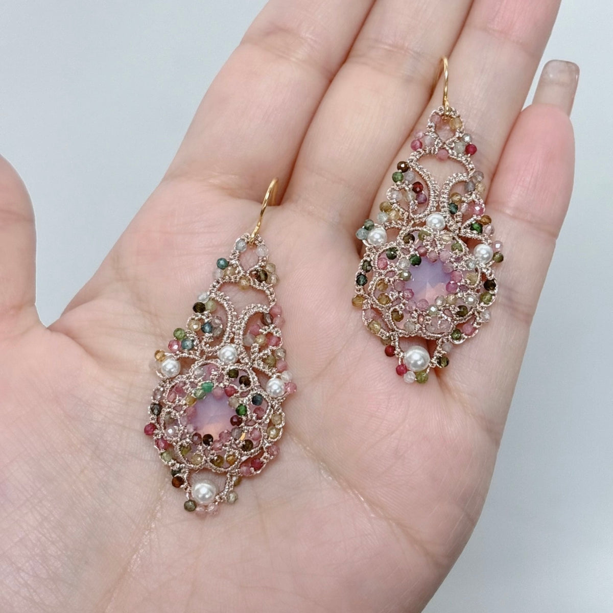 Handmade lace tatting beaded earrings with dongzhou diamond,natural gemstone beads,s925 silver hooks