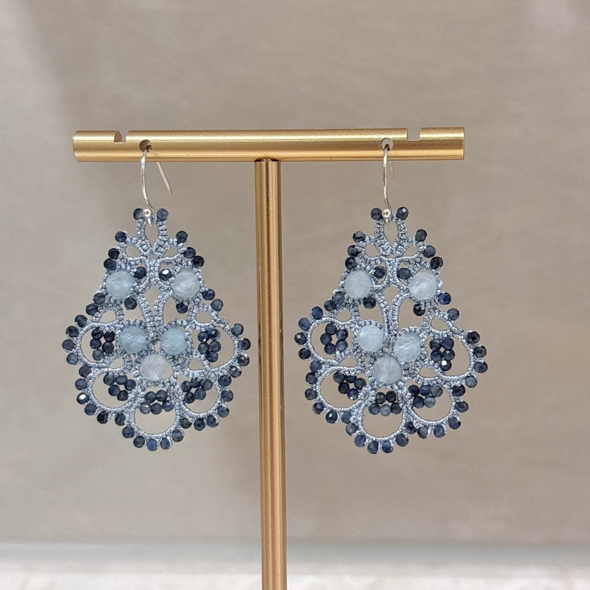Handmade lace tatting beaded earrings with natural gemstone aquamarine,sapphire,s925 silver hooks
