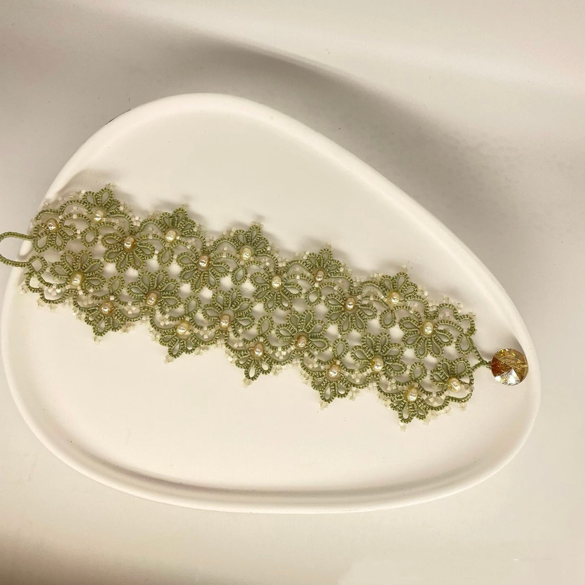 Handmade lace tatting beaded bracelet with Swarovski pearls,antique beads