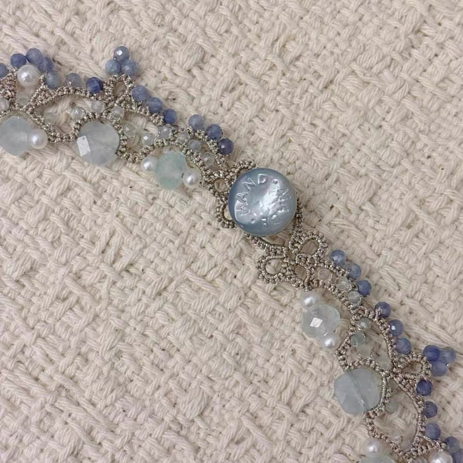 Handmade lace tatting beaded necklace with natural freshwater pearls,aquamarine,kyanite