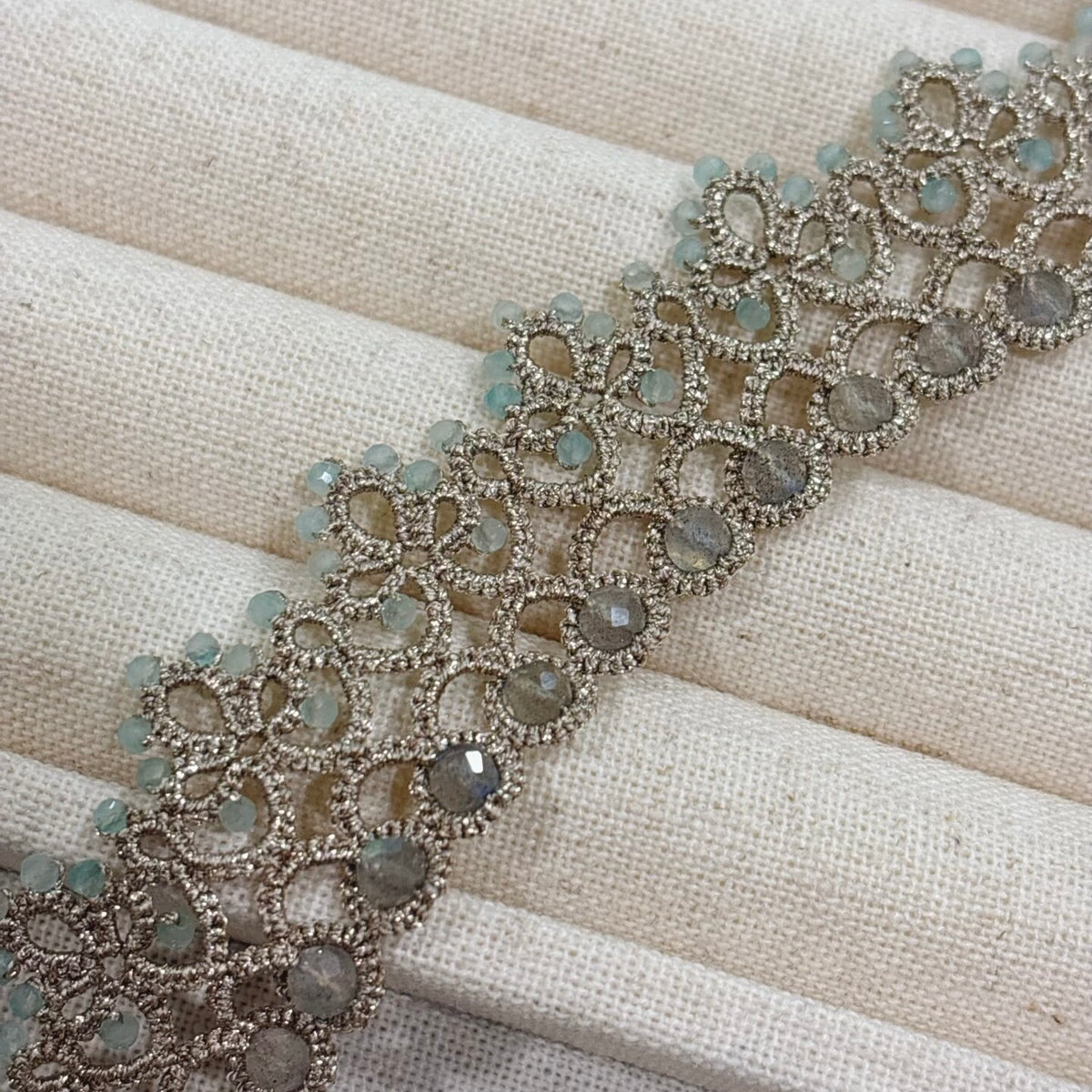 Handmade lace tatting beaded necklace with natural gemstone labradorite,amazonite