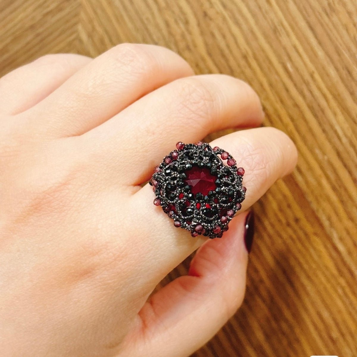 Handmade shuttle tatting beaded ring with dongzhou diamond,natural gemstone,zircon