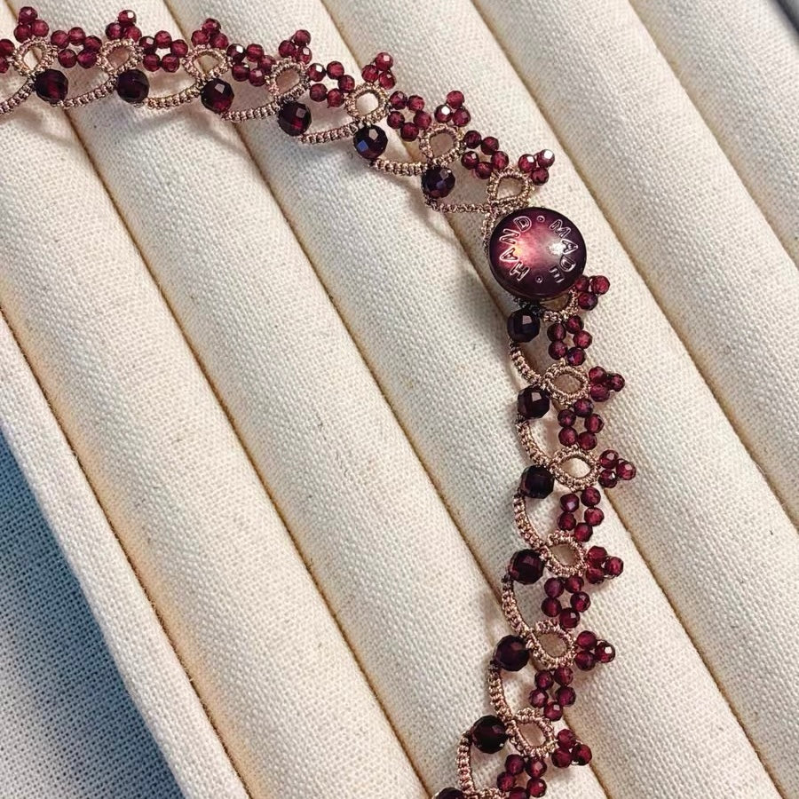 Handmade lace tatting beaded necklace with natural gemstone garnet