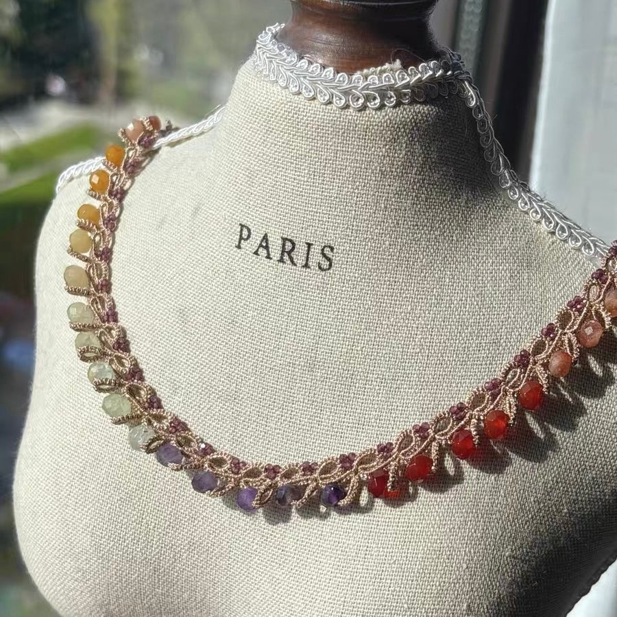 Handmade shuttle tatting necklace with natural gemstone,garnet,agate,topaz,sunstone,amethyst,prehnite