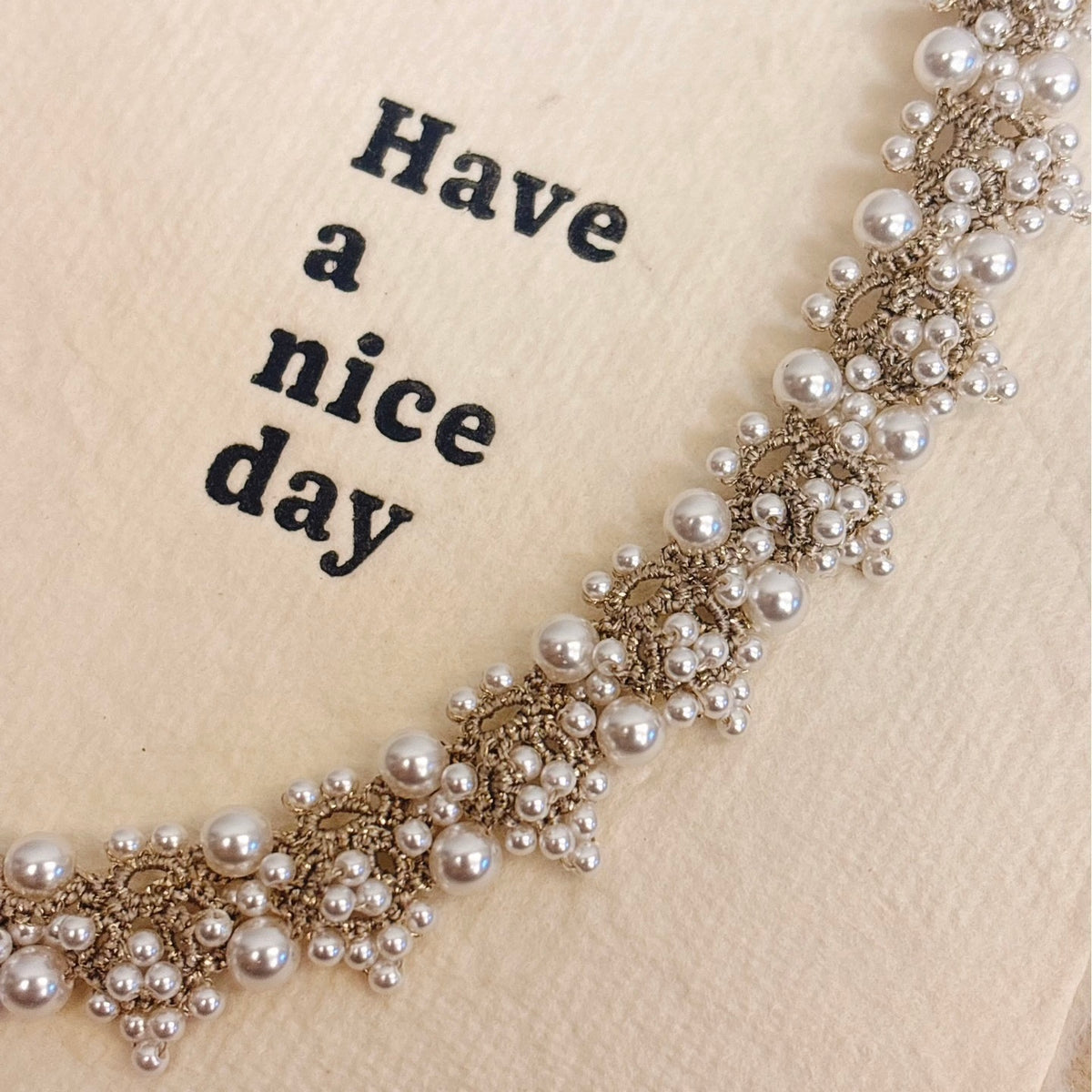 Handmade lace tatting beaded necklace with swarovski pearls