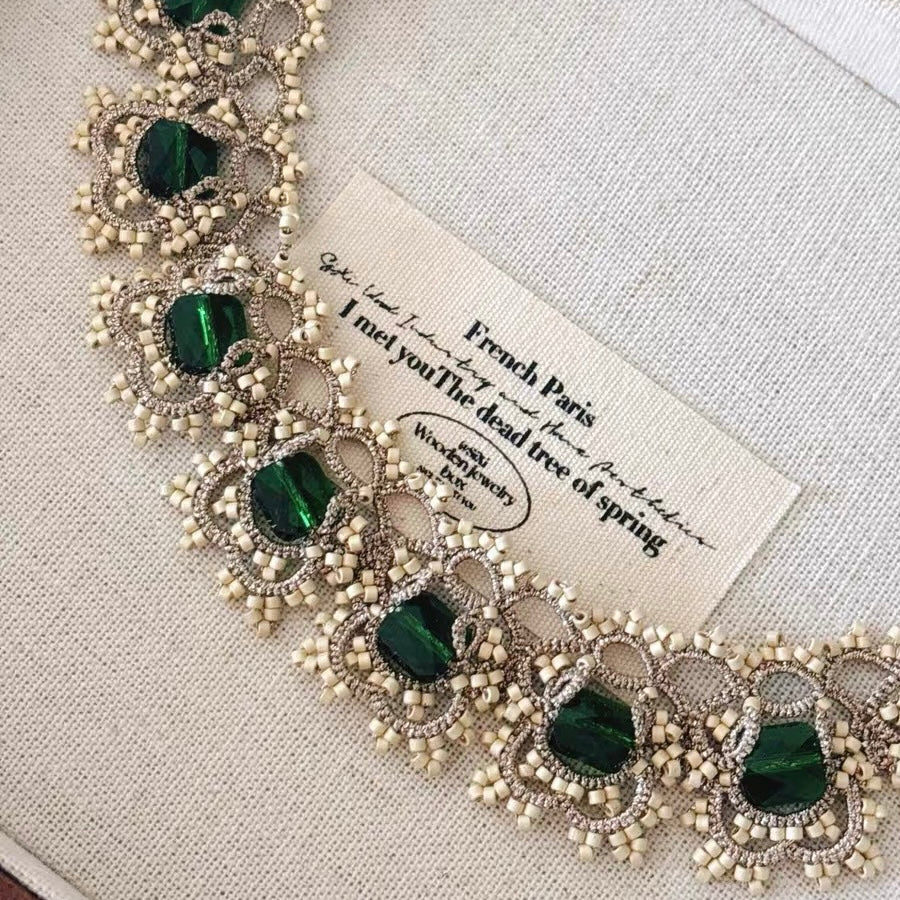 Handmade shuttle tatting beaded necklace with swarovski crystal,antique beads