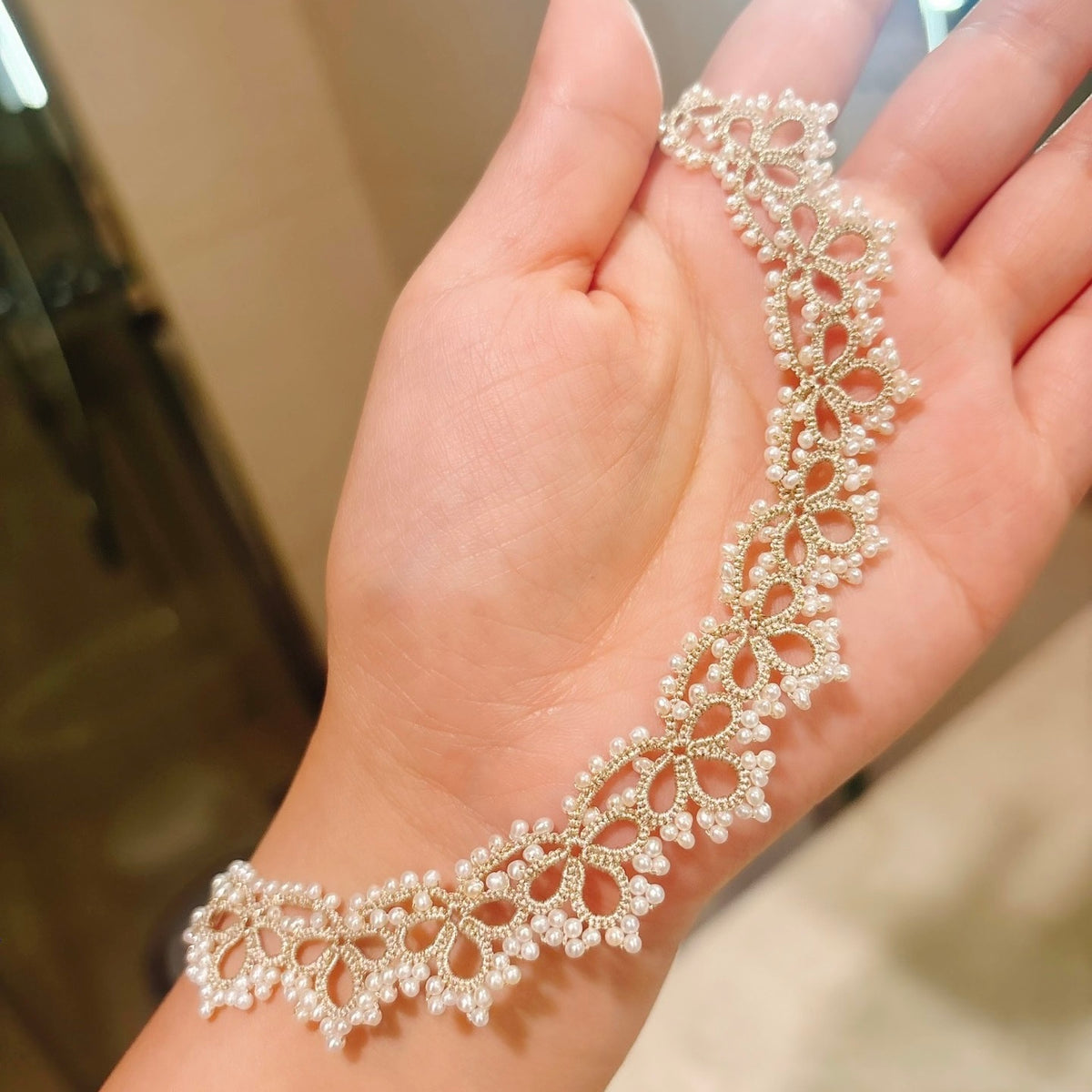 Handmade lace tatting beaded necklace with natural freshwater pearls