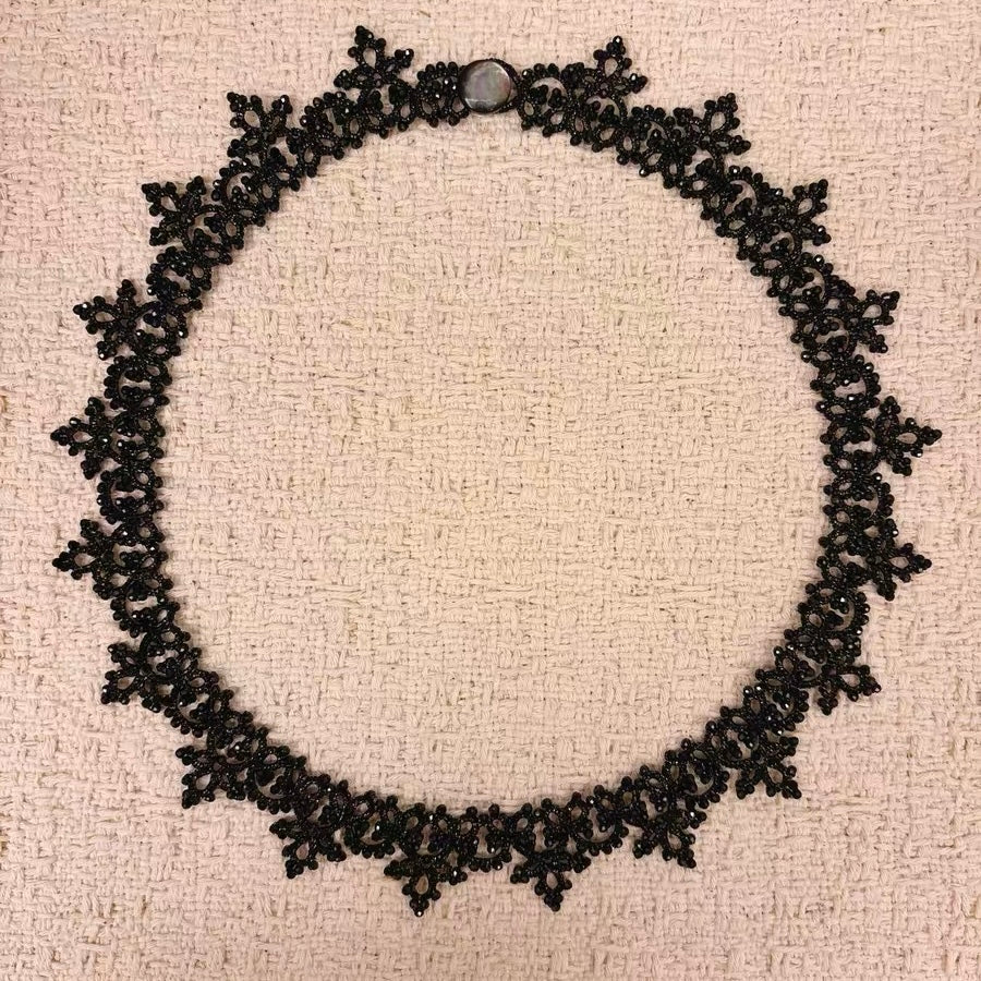Handmade lace tatting beaded necklace with natural gemstone spinel