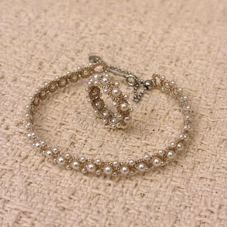 Handmade lace tatting beaded ring+bracelet with Swarovski pearls