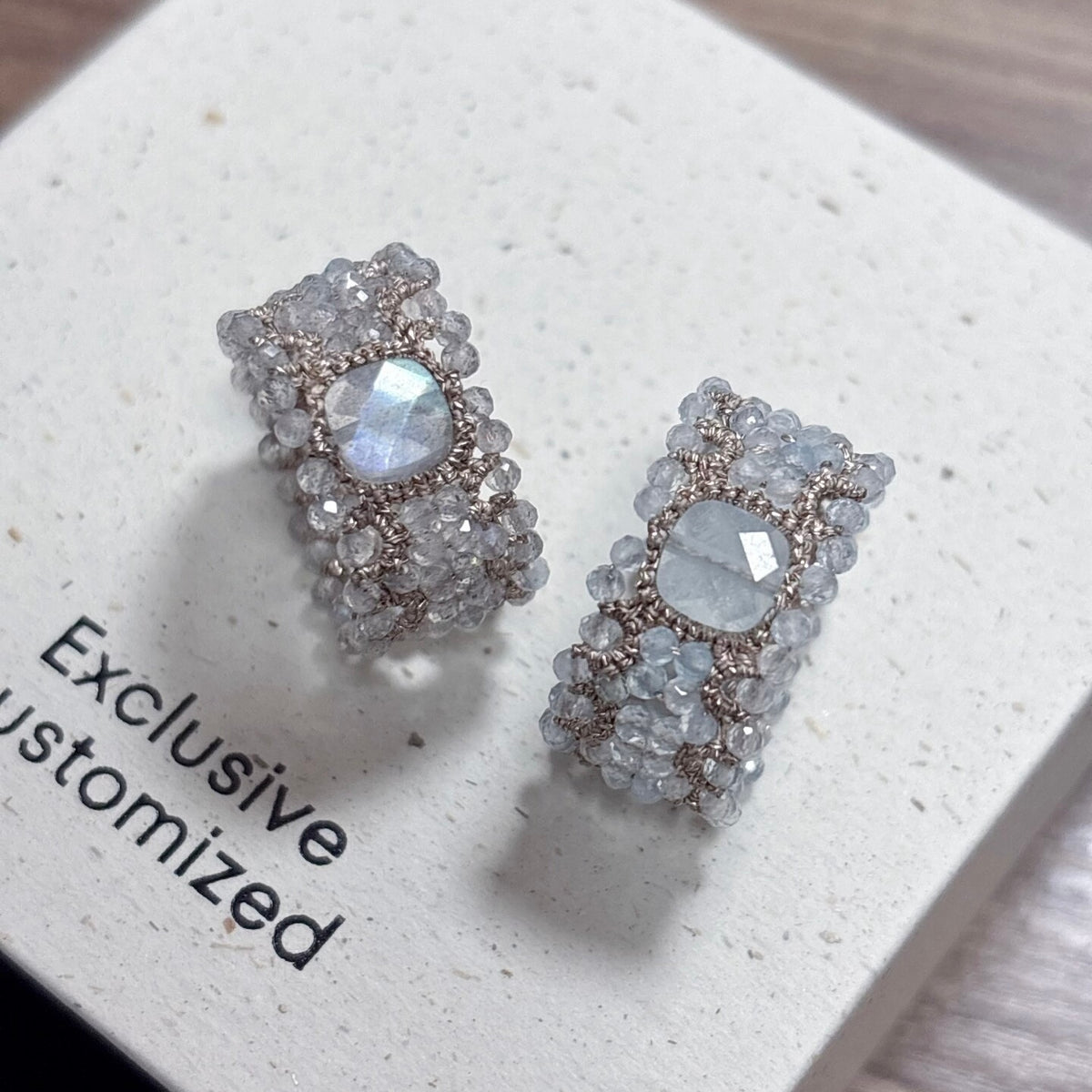 Handmade lace tatting beaded rings with natural gemstones labradorite