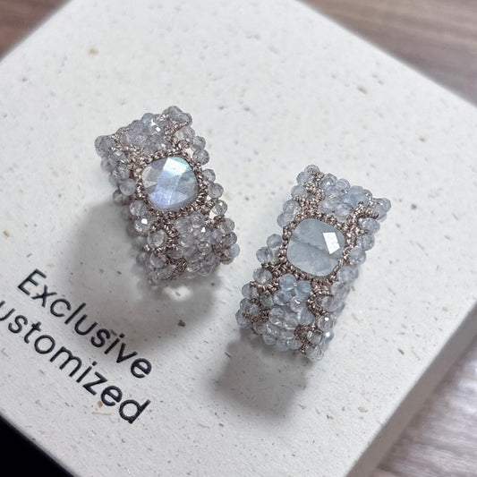 Handmade lace tatting beaded rings with natural gemstones labradorite