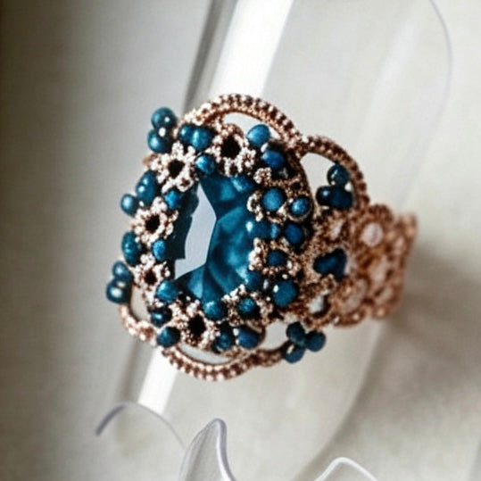 Handmade lace tatting beaded rings with diamond,seed beads,natural gemstones
