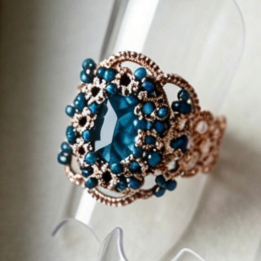 Handmade lace tatting beaded rings with diamond,seed beads,natural gemstones