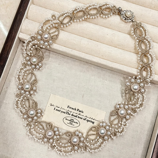 Handmade shuttle tatting necklace with swarovski pearls