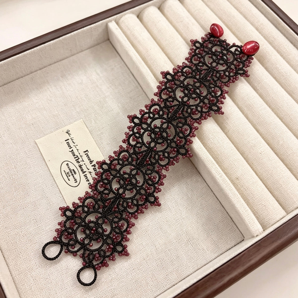 Handmade lace tatting beaded bracelet with natural gemstone garnet beads