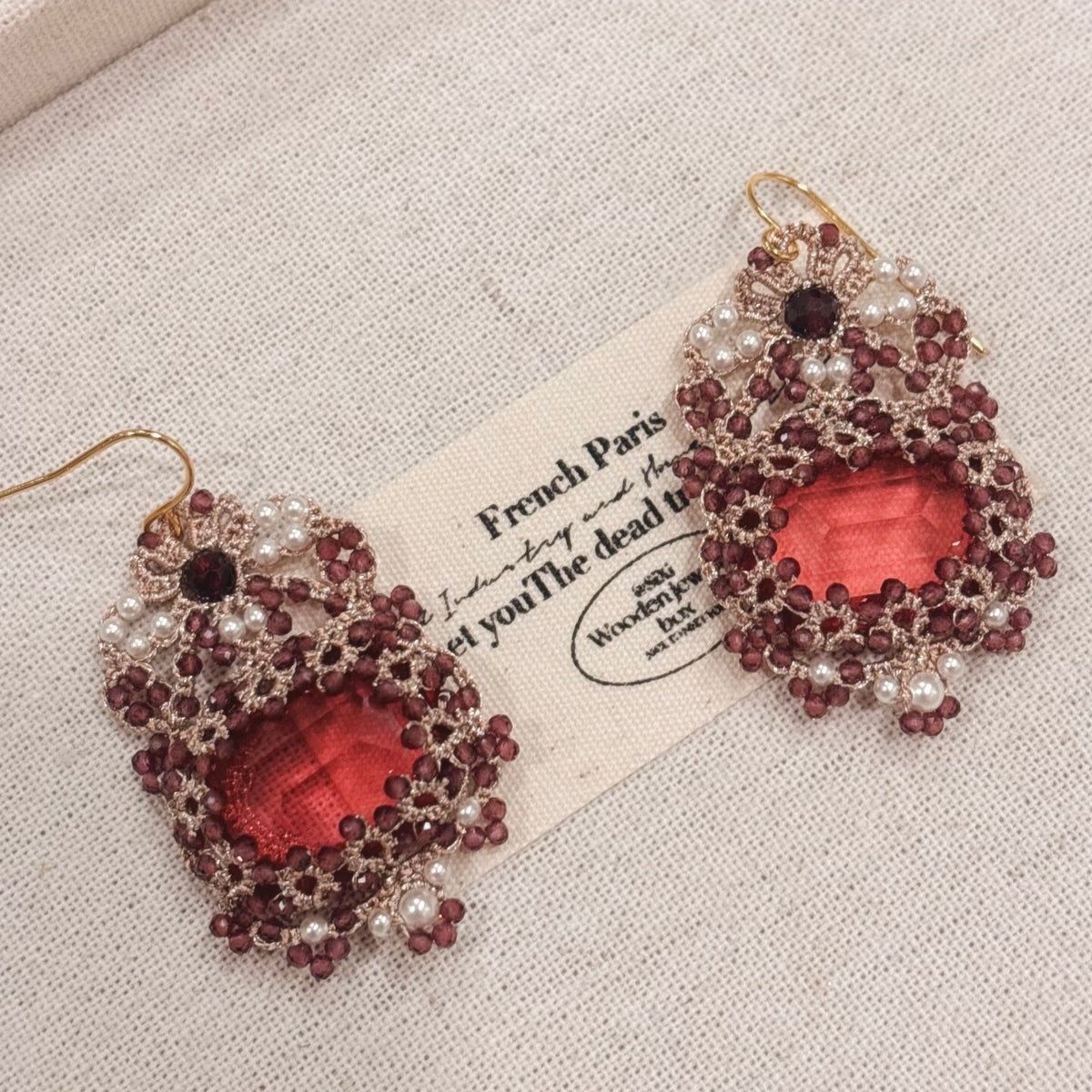 Handmade lace tatting beaded earrings with dongzhou diamond,natural gemstone garnet,swarovski pearls,s925 silver hooks