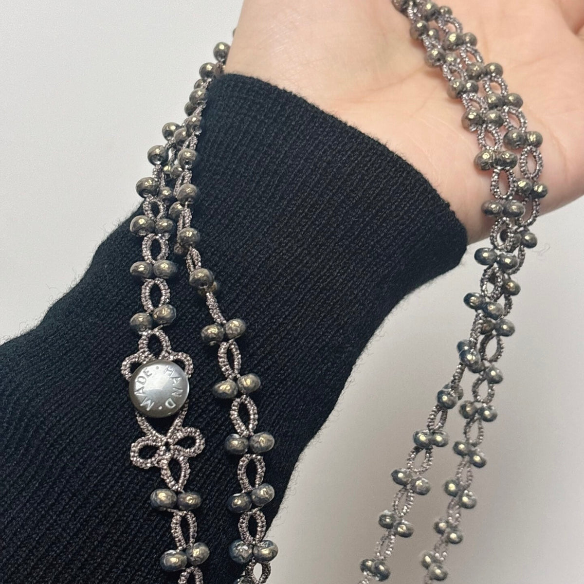 Handmade lace tatting beaded long necklace sweater chain with baroque imitation pearls
