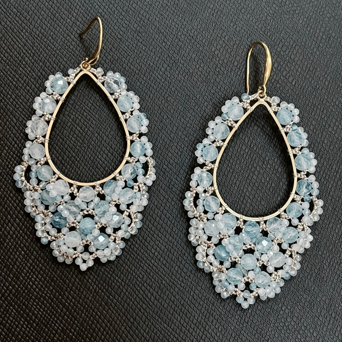 Handmade lace tatting beaded earrings with natural gemstone aquamarine,s925 silver hooks