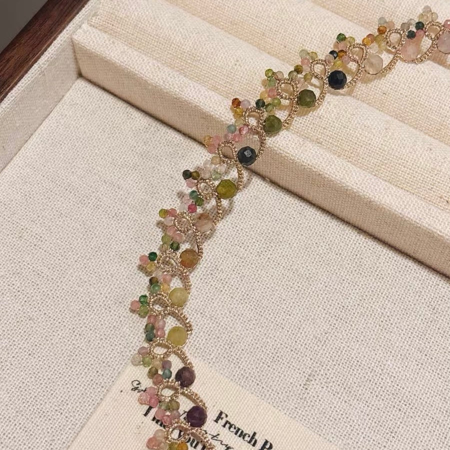 Handmade lace tatting beaded necklace with natural gemstone tourmaline