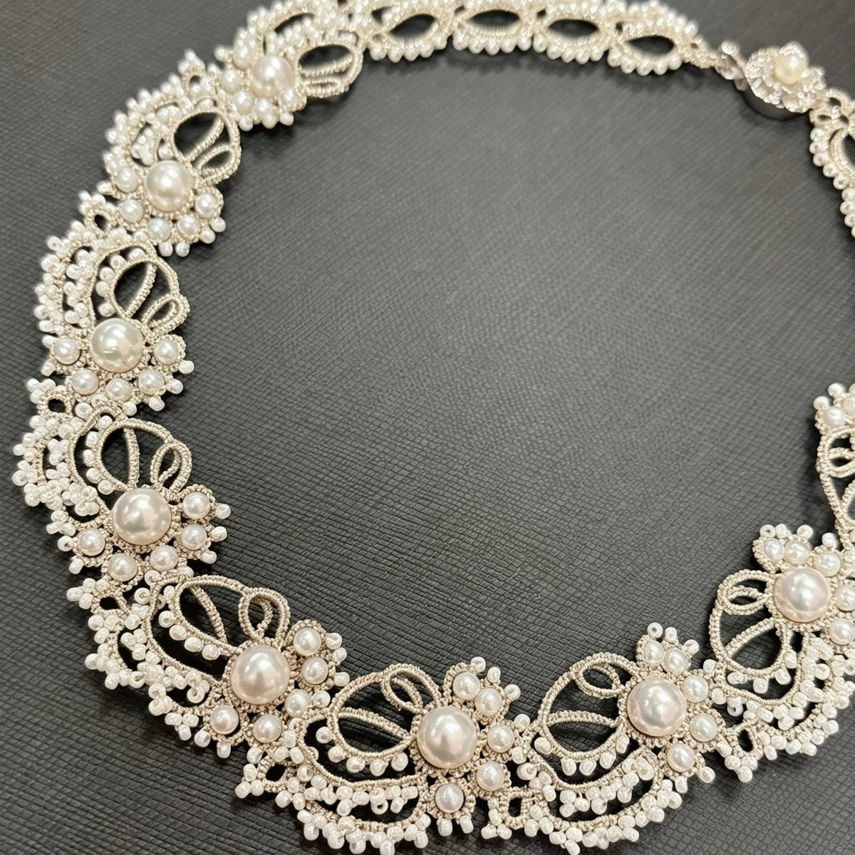 Handmade shuttle tatting necklace with swarovski pearls
