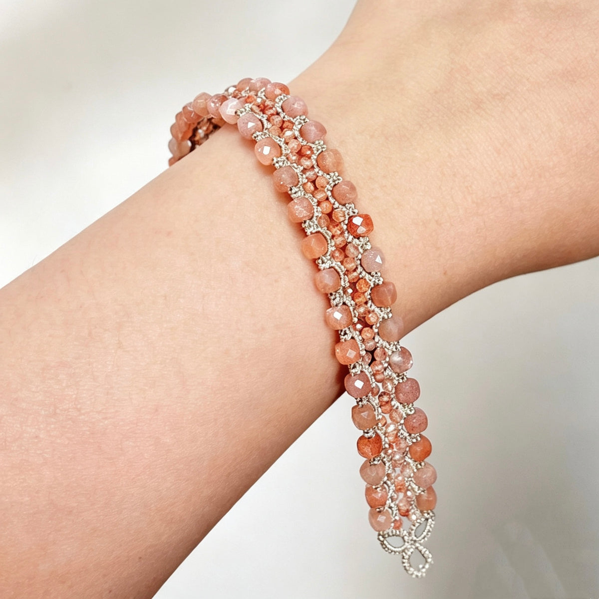 Handmade lace tatting beaded bracelet with natural gemstone beads