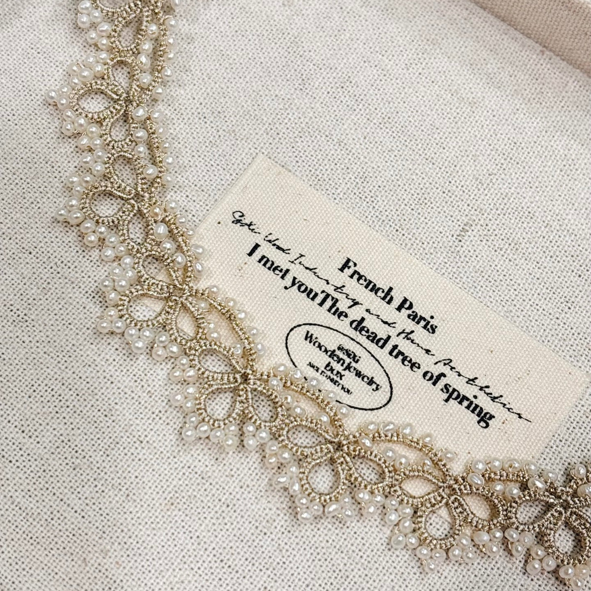 Handmade lace tatting beaded necklace with natural freshwater pearls