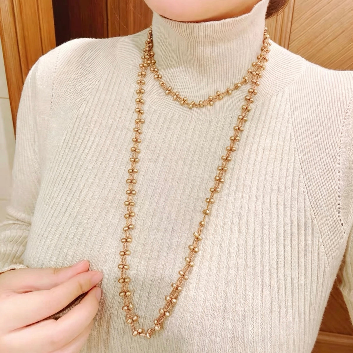 Handmade lace tatting beaded long necklace sweater chain with baroque imitation pearls