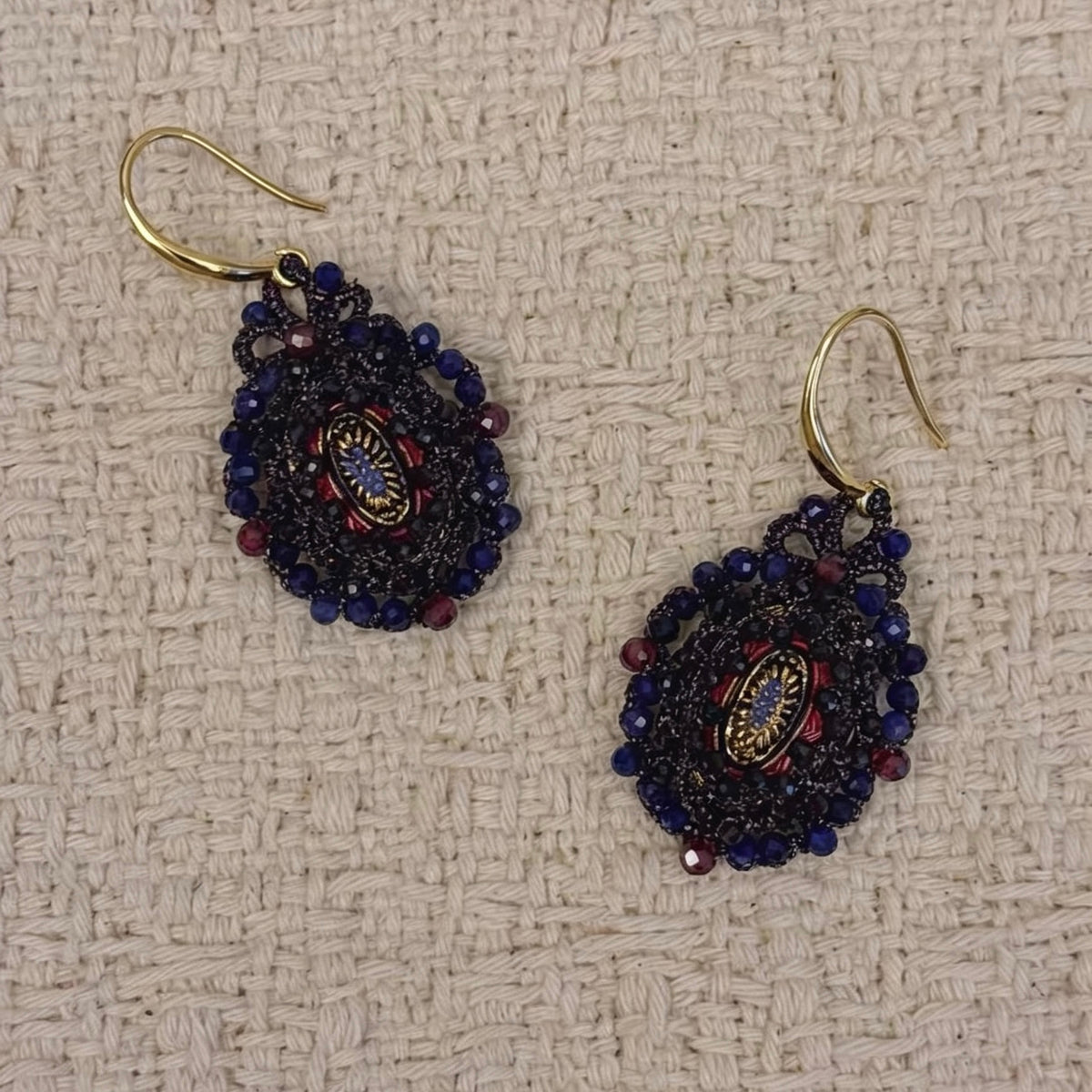 Handmade lace tatting beaded earrings with colored glaze,natural black spinel,blue-vein stone,garnet,s925 silver hooks