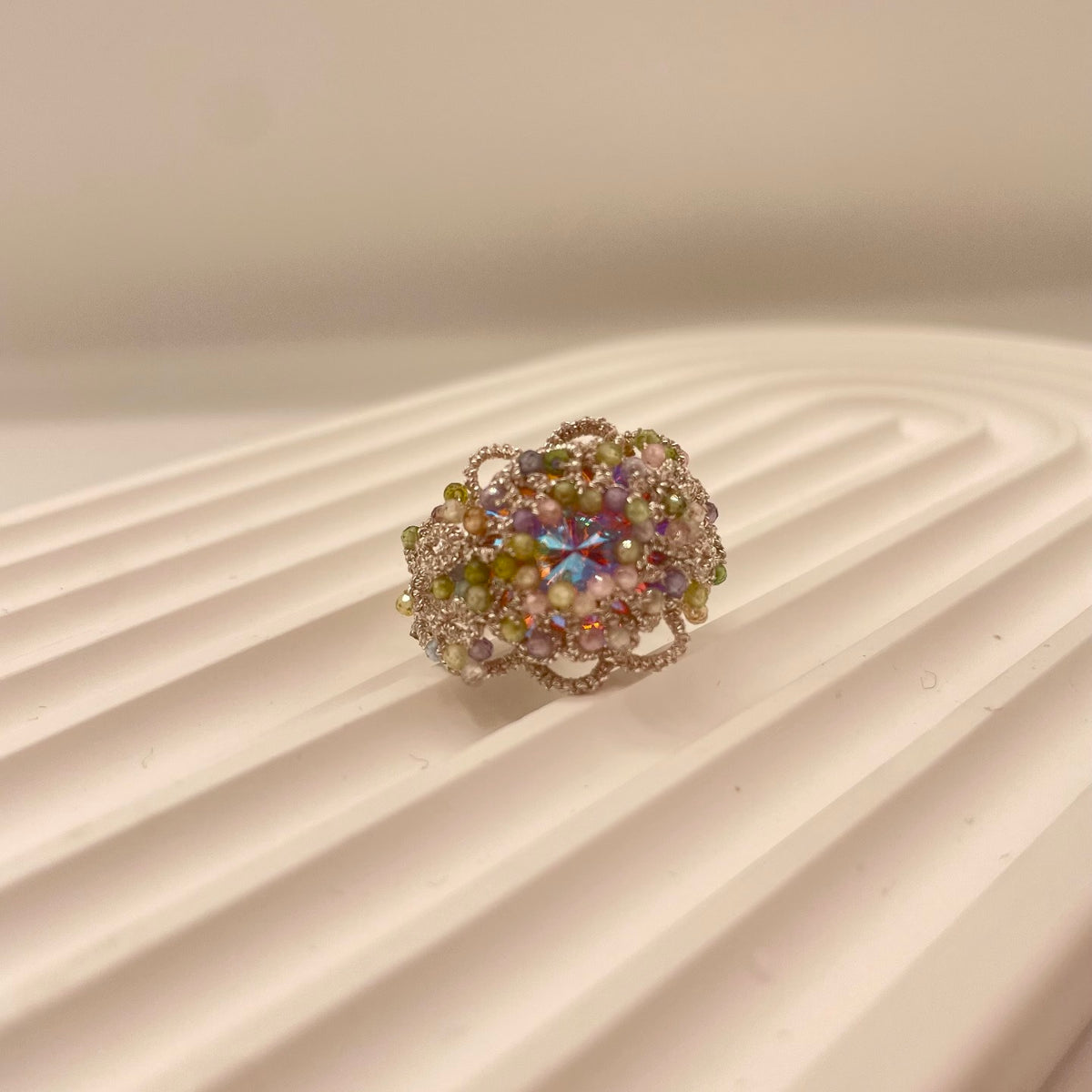Handmade lace tatting beaded rings with Swarovski diamond,natural gemstone beads