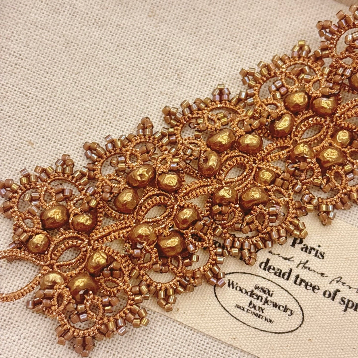 Handmade lace tatting beaded bracelet with baroque imitation pearls, antique beads