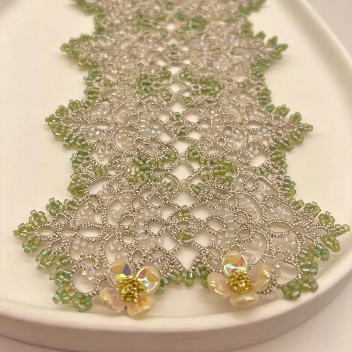 Handmade lace tatting beaded bracelet with antique beads