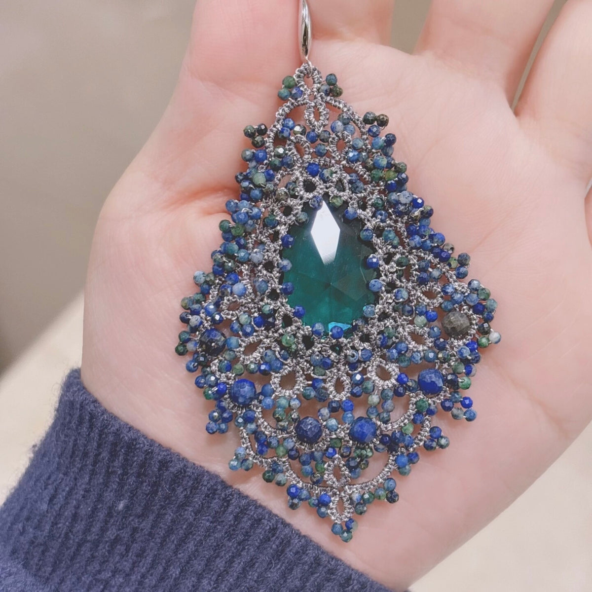 Handmade lace tatting beaded earrings with dongzhou diamond,lapis,chrysocolla,s925 silver hooks