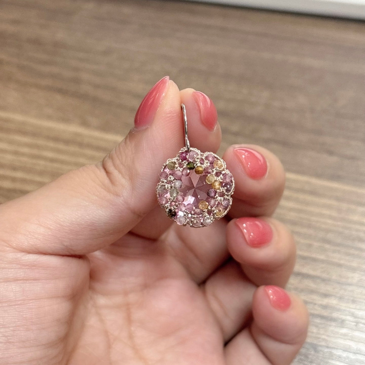 Handmade lace tatting beaded earrings with natural gemstone tourmaline beads,dongzhou diamond,s925 silver hooks