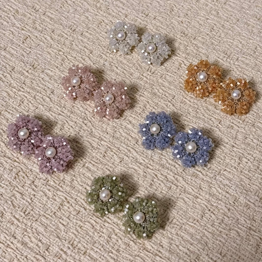 Handmade lace tatting beaded flower earrings with natural freshwater pearl,antique beads,s925 silver hooks