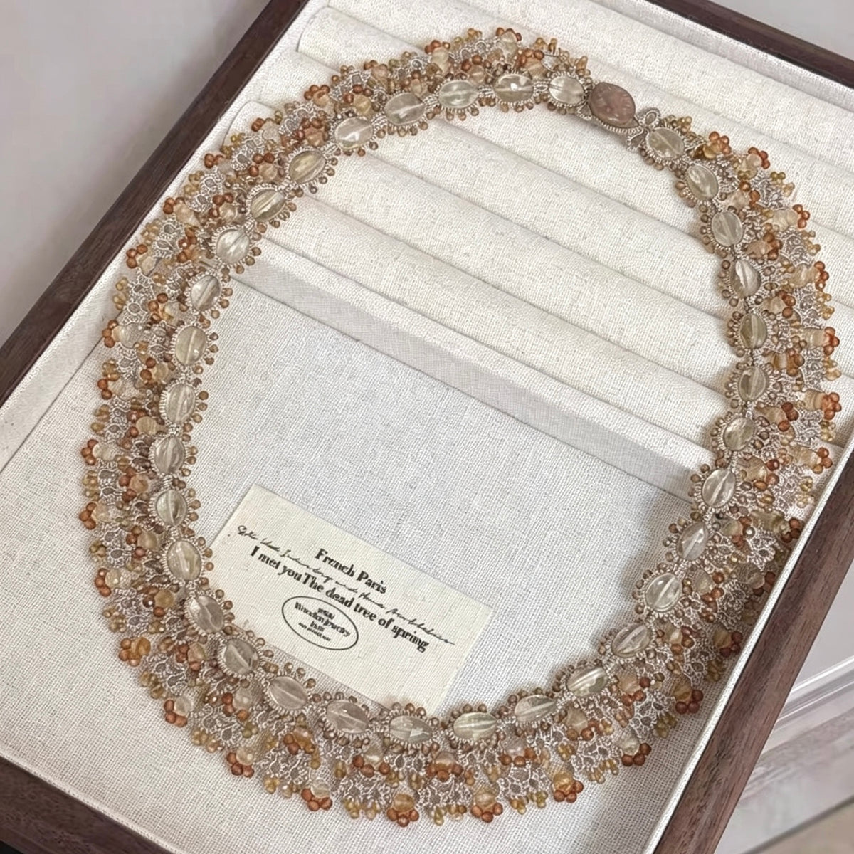 Handmade lace tatting beaded necklace with natural gemstone citrine,garnet