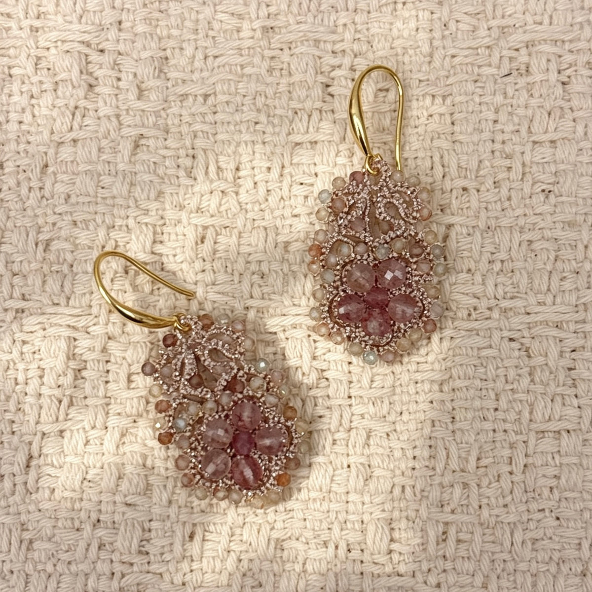 Handmade lace tatting beaded earrings with natural gemstone strawberry crystal,tourmaline,zircon,s925 silver hooks