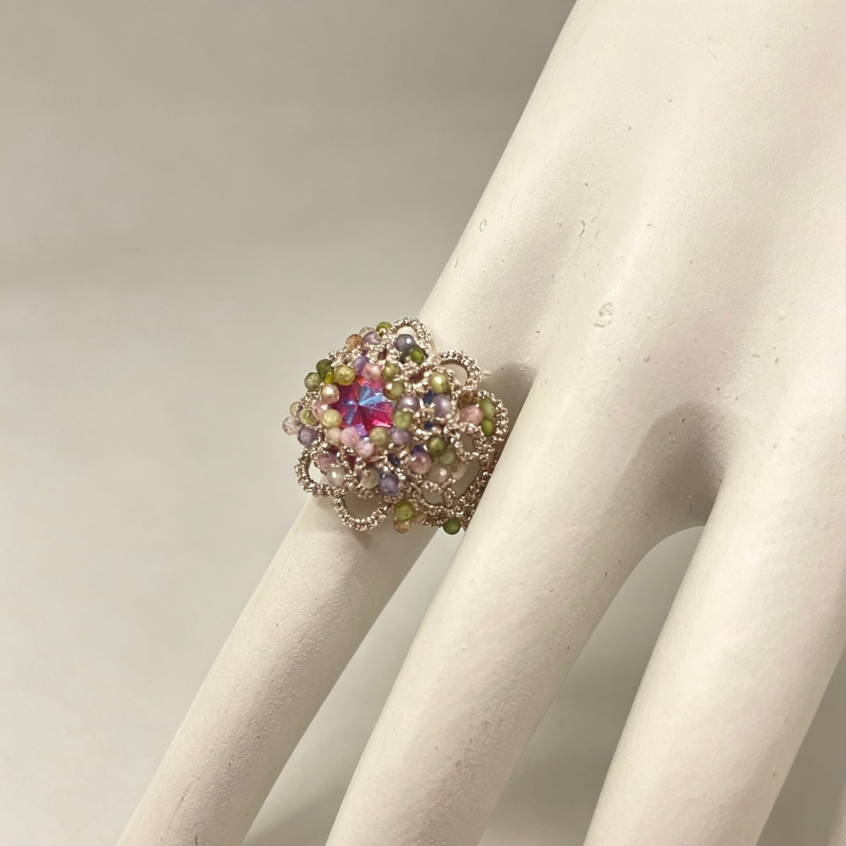 Handmade lace tatting beaded rings with Swarovski diamond,natural gemstone beads