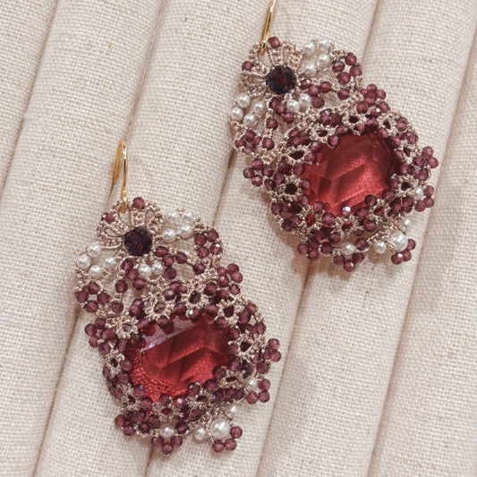 Handmade lace tatting beaded earrings with dongzhou diamond,natural gemstone garnet,swarovski pearls,s925 silver hooks