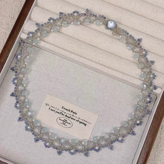 Handmade lace tatting beaded necklace with natural freshwater pearls,aquamarine,kyanite