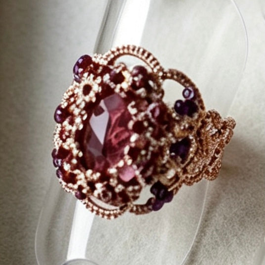 Handmade lace tatting beaded rings with diamond,seed beads,natural gemstones