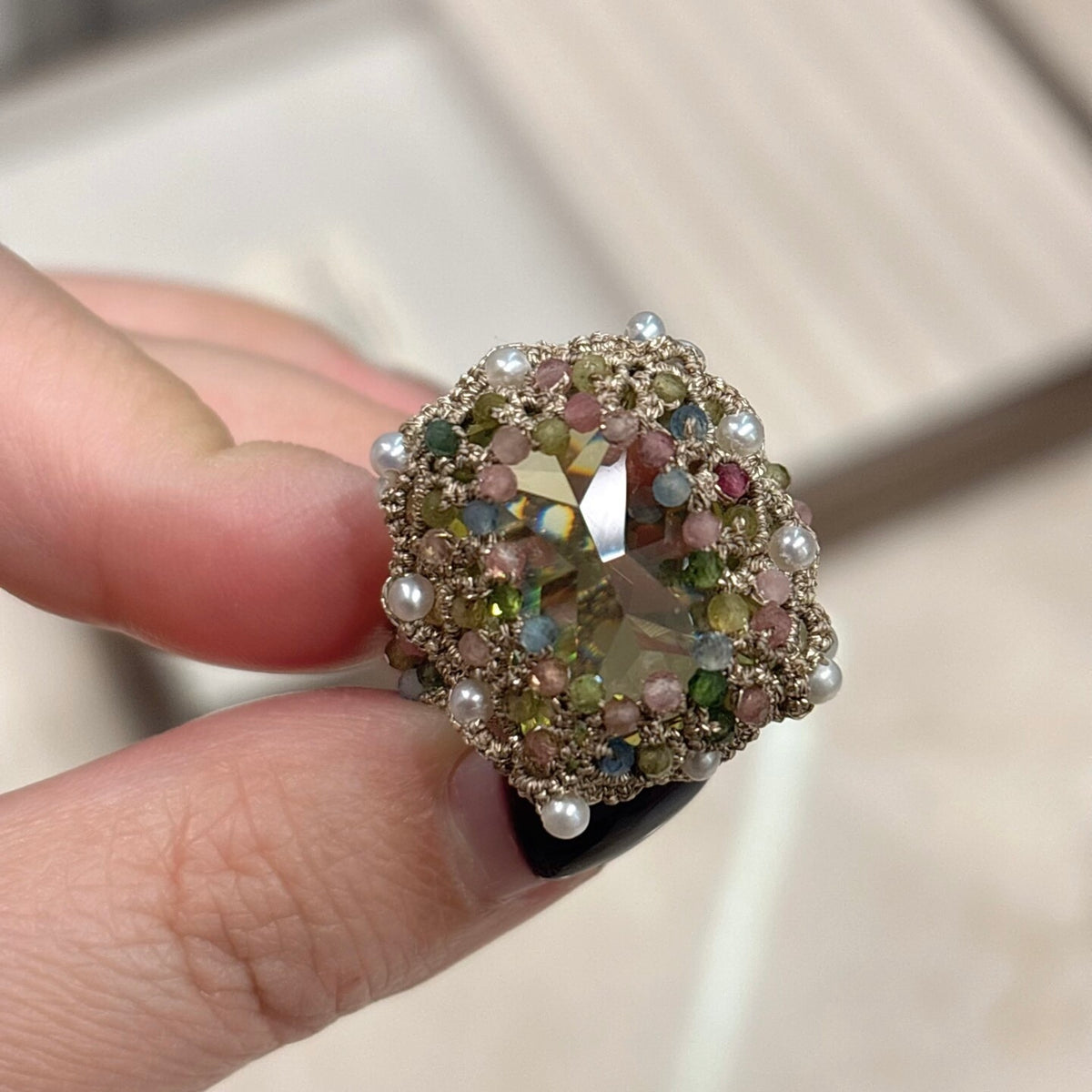 Handmade shuttle tatting beaded ring with natural tourmaline,freshwater pearls,zircon