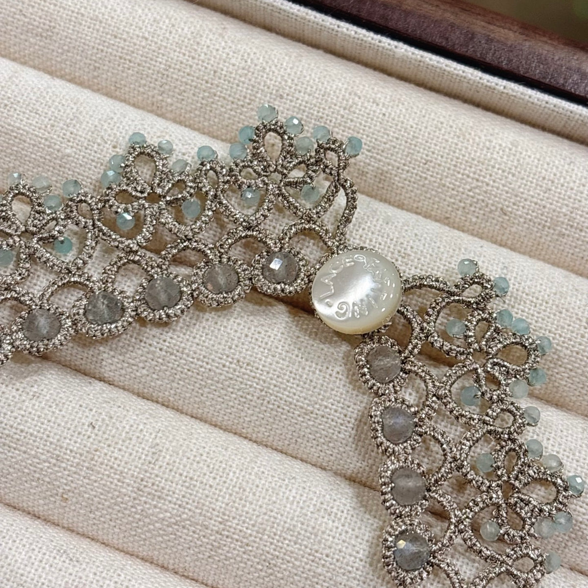 Handmade lace tatting beaded necklace with natural gemstone labradorite,amazonite