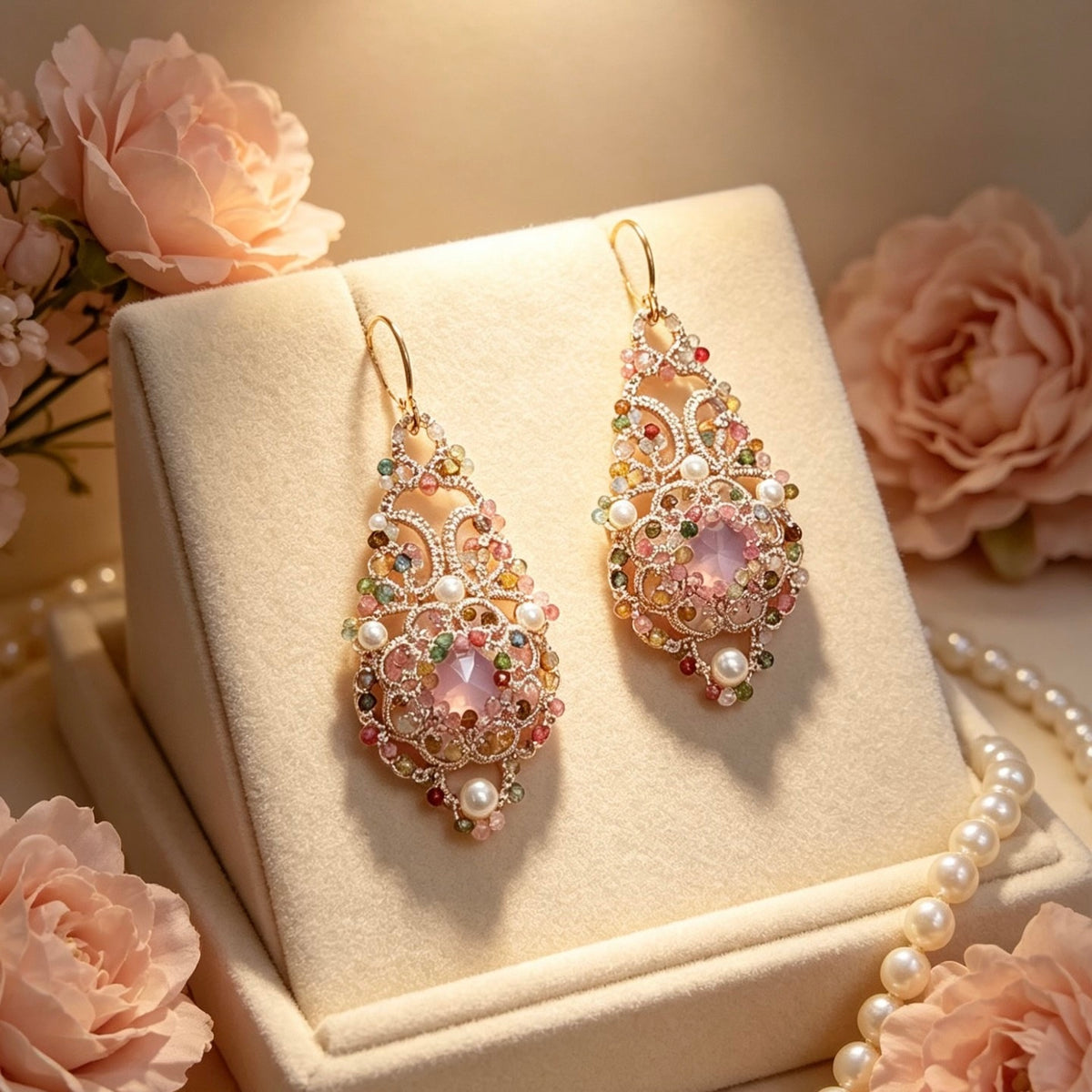 Handmade lace tatting beaded earrings with dongzhou diamond,natural gemstone beads,s925 silver hooks