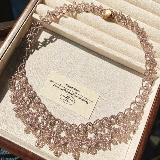 Handmade lace tatting beaded necklace with natural gemstone obsidian