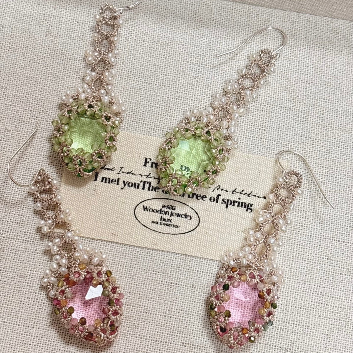 Handmade lace tatting beaded earrings with dongzhou diamond,natural freshwater pearls,tourmaline,peridot,s925 silver hooks
