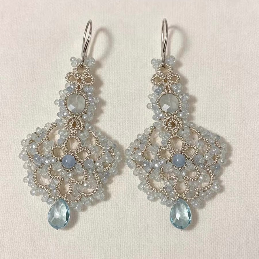 Handmade lace tatting beaded earrings with natural gemstone aquamarine,quartz stone,s925 silver hooks